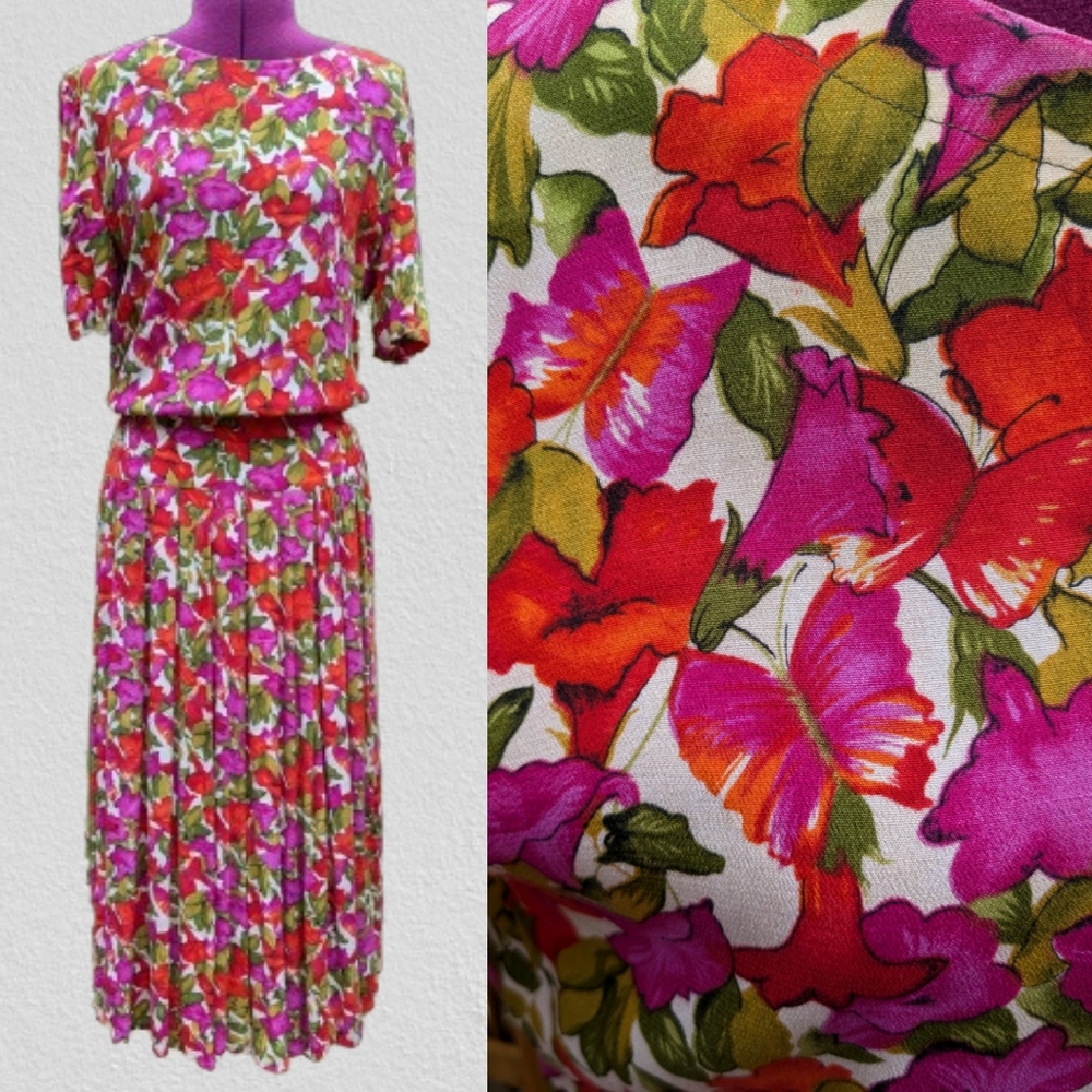 Vtg 80s Donna Morgan butterfly floral rayon dress